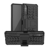 Sony Xperia 10 II, Műanyag hátlap védőtok, Defender, kitámasztóval és szilikon belsővel, autógumi minta, fekete (RS96084) - Telefontok