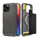 Spigen Apple iPhone 16 Pro Max rugged armor telefonvédő (ütésálló, légpárnás sarok, karbon minta, magsafe) világosszürke