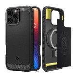 Spigen Apple iPhone 16 Pro rugged armor szilikon telefonvédő (ütésálló, légpárnás sarok, karbon minta, magsafe) fekete