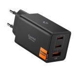 SPIGEN ESSENTIAL hálózati töltő USB+2 Type-C aljzat (67W, GaN, PD gyorstöltő 3.0) FEKETE