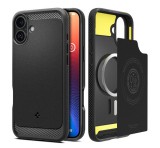 SPIGEN RUGGED ARMOR szilikon telefonvédő (ütésállóság, légpárnás sarok, karbon minta, MagSafe) FEKETE Apple iPhone 16 Plus