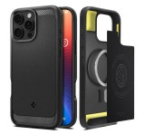 SPIGEN RUGGED ARMOR szilikon telefonvédő (ütésállóság, légpárnás sarok, karbon minta, MagSafe) FEKETE Apple iPhone 16 Pro