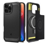 SPIGEN RUGGED ARMOR szilikon telefonvédő (ütésállóság, légpárnás sarok, karbon minta, MagSafe) FEKETE Apple iPhone 16 Pro Max