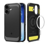 SPIGEN RUGGED ARMOR szilikon telefonvédő (ütésállóság, légpárnás sarok, karbon minta, MagSafe) FEKETE Apple iPhone 17