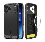 SPIGEN RUGGED ARMOR szilikon telefonvédő (ütésállóság, légpárnás sarok, karbon minta, MagSafe) FEKETE Apple iPhone 17 Pro