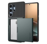 SPIGEN SLIM ARMOR CS szilikon telefonvédő (műanyag hátlap, kártyatartó, ütésállóság, légpárnás sarok) SÖTÉTZÖLD Samsung Galaxy S25 Ultra (SM-S938)