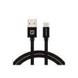Swissten 71521301 Textile USB Type-A apa - USB Type-C apa Adat és töltő kábel - Fekete (2m) (SW-QU-TYPC-3.1-2M-BK)