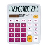 Számológép asztali 14 számjegy nagy, döntött kijelzõ bordó gombok fehér száml, ap Antilop A-2114C