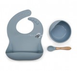 Szilikon étkészlet babáknak, állítható előke és vákuumtalpas tányér kanálkával