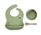 Szilikon étkészlet babáknak, állítható előke és vákuumtalpas tányér kanálkával - - Zöld