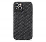 Szilikon telefonvédő (bőr hatású, kamera védelem, karbon minta) FEKETE [Apple iPhone 13 mini]
