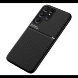 Szilikon telefonvédő (ütésállóság, mágneses, bőr hatású hátlap, csíkos) FEKETE Samsung Galaxy S23 Ultra (SM-S918) "Gigapack csomagolás" (GP-134709) (GP-134709)