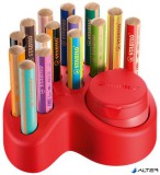 Színes ceruza készlet asztali tartóban, kerek, vastag, STABILO "Woody 3 in 1", 15 különböző szín, hegyezővel