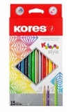 Színes ceruza készlet, háromszögletű, KORES Kolores Style, 15 különböző szín (IK93310)