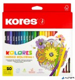 Színes ceruza készlet, háromszögletű, KORES "Triangular", 50 különböző szín