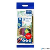 Színes ceruza készlet, hatszögletű, ajándék grafitceruzával és radírral, STAEDTLER 'Noris 185', 12 különböző szín