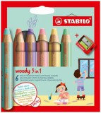 Színes ceruza készlet, kerek, vastag, STABILO Woody 3 in 1 Pastel, 6 különböző pasztell szín (TST88063)