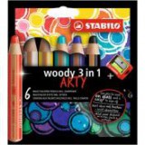 Színes ceruza készlet, kerek, vastag, STABILO "Woody ARTY 3 in 1", 6 különböző szín [6 db]