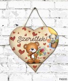 Szív tábla falra, macik virágokkal, szeretlek, szerelmes ajándék