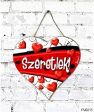 Szív tábla falra, szívek, piros sávon szeretlek, szerelmes ajándék
