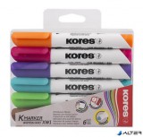 Tábla- és flipchart marker készlet, 1-3 mm, kúpos, KORES "K-Marker", 6 különböző szín