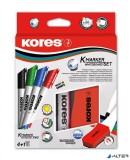 Tábla- és flipchart marker készlet mágneses táblatörlő szivaccsal, 3-5 mm, vágott, KORES "XW2", 4 különböző szín