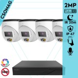 Techson 4 turret kamerás IP megfigyelőrendszer 2MP HD turret biztonsági kamera, 2.8 mm-es fix objektívvel, PoE, beépített mikrofonnal, hibrid fényű megvilágítás, kültéri, fém ház