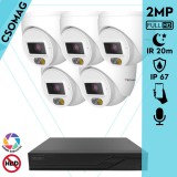 Techson 5 turret kamerás IP megfigyelőrendszer 2MP turret biztonsági kamera, 2.8 mm-es fix objektív, PoE, beépített mikrofonnal, hibrid világítással 20m-ig, kültéri