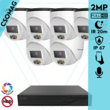 Techson 6 turret kamerás IP megfigyelőrendszer 2MP HD turret biztonsági kamera, 2.8 mm-es fix objektívvel, PoE, beépített mikrofonnal, hibrid fényű megvilágítás, kültéri, fém ház