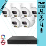 Techson 6 turret kamerás IP megfigyelőrendszer 2MP turret biztonsági kamera, 2.8 mm-es fix objektív, PoE, beépített mikrofonnal, hibrid világítással 20m-ig, kültéri