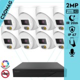 Techson 8 turret kamerás IP megfigyelőrendszer 2MP turret biztonsági kamera, 2.8 mm-es fix objektív, PoE, beépített mikrofonnal, hibrid világítással 20m-ig, kültéri