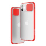 Telefon tok, iPhone 11 Pro hátlaptok, ütésálló, műanyag, átlátszó, piros kerettel, elhúzható lencsevédővel, Blitzwolf BW-AY2