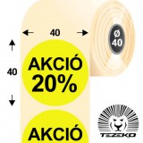 Tezeko 40 mm-es kör, papír címke, fluo sárga színű, Akció 20% felirattal (1000 címke/tekercs)