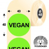 Tezeko 40 mm-es kör, papír címke, fluo zöld színű, Vegan felirattal (1000 címke/tekercs)