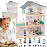 Tooky Toy - 3 szintes fa babaház tartozékokkal és babacsaláddal