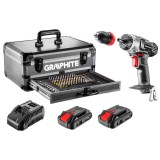 Topex-Graphite AKKUS FÚRÓ ENERGY+, 2DB AKKU+TÖLTŐ!, 18V/2AH, 10MM + ALU KOFFER + 109 KIEGÉSZÍTŐ, LEVEHETŐ FÚRÓTOKMÁNY