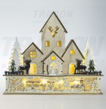 TRACON CHRWH9WW LED karácsonyi házikó tájképpel, fa, elemes (X22081) Timer 6+18h,9LED, 3000K, 2xAA