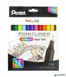 Tűfilc készlet, 0,4 mm, PENTEL 'Pointliner', 12 különböző szín