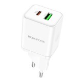 Type-C/USB portos hálózati gyorstöltő (PD) 20W+QC 3.0 Borofone BN7 fehér