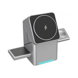 Univerzális vezeték nélküli töltő állomás 3in1, Qi Wireless, 15W, asztali tartó, mágneses, forgatható, Magsafe kompatibilis eszközökhöz, Geometric Charger, ezüst