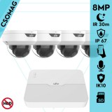 Uniview 4 dome kamerás IP megfigyelőrendszer 8MP biztonsági kamera, 2.8 mm-es fix objektívvel, SD kártya foglalattal, PoE, beépített mikrofonnal, IR LED 30m, IK10 vandálbiztos, kültéri