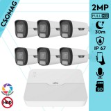 Uniview 6 cső kamerás IP megfigyelőrendszer 2MP HD biztonsági kamera, 2.8 mm-es fix objektívvel, SD kártya foglalattal, PoE, beépített mikrofonnal, fehér fénnyel, kültéri