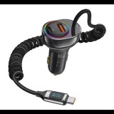 Usams autós töltő USB+Type-C aljzat (30W, PD gyorstöltő, LED kijelző, RGB + fix Type-C kábel) FEKETE (US-CC192) (US-CC192)