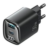 Usams cc229 hálózati töltő (USB-A+USB-C, 30W, GaN, led kijelző, fekete)