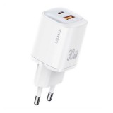 Usams cc254 hálózati töltő usb+type-c aljzat (30w, gan, pd gyorstöltő) fehér