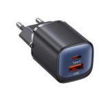 Usams CC254 hálózati töltő USB+Type-C aljzat (30W, GaN, PD gyorstöltő) FEKETE