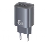 Usams hálózati töltő 2 Type-C aljzat (45W, GaN, PD gyorstöltő 3.0) SÖTÉTSZÜRKE