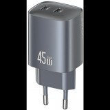 Usams hálózati töltő 2 Type-C aljzat (45W, GaN, PD gyorstöltő 3.0) SÖTÉTSZÜRKE (CC305TC01) (Usa001597)