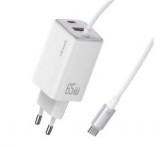 Usams JC hálózati töltő Type-C aljzat (66W, PD gyorstöltő, GaN + fix Type-C kábel) FEHÉR