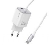 Usams JC MINI hálózati töltő Type-C aljzat (20W, PD gyorstöltő, GaN + fix Type-C kábel) FEHÉR